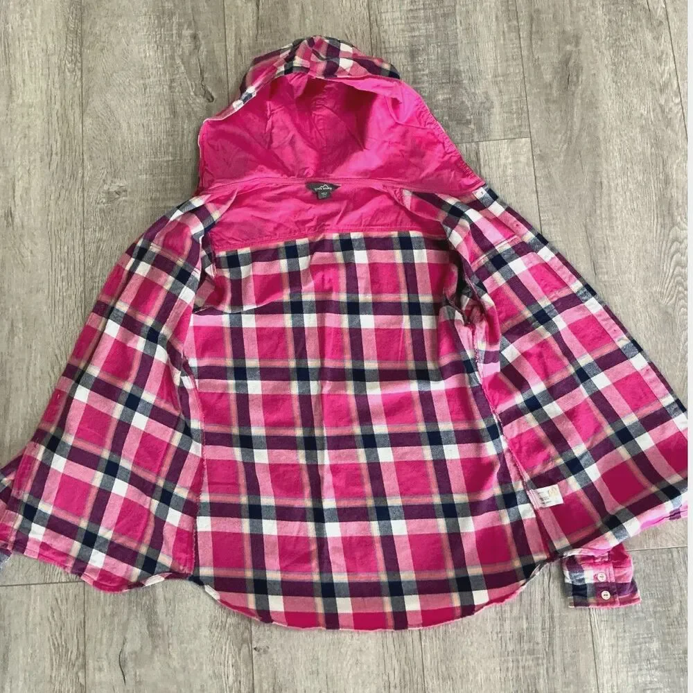 Eddie Bauer Women’s M Pink Plaid Hooded Flannel Shirt Outdoors/Hiking/Camping